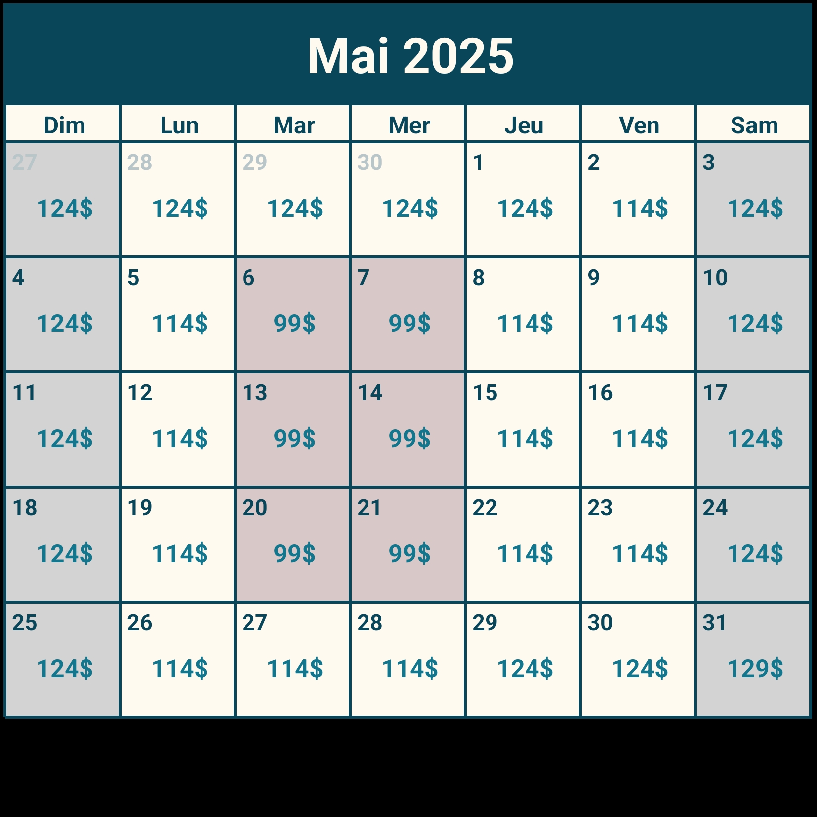 Voir les dates en promotion à chaque mois